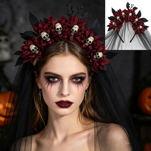 Voile noir d'Halloween avec couronne florale squelette pour déguisement funéraire, bandeaux de mariée, accessoires de cheveux gothiques pour fête - Product Image 1