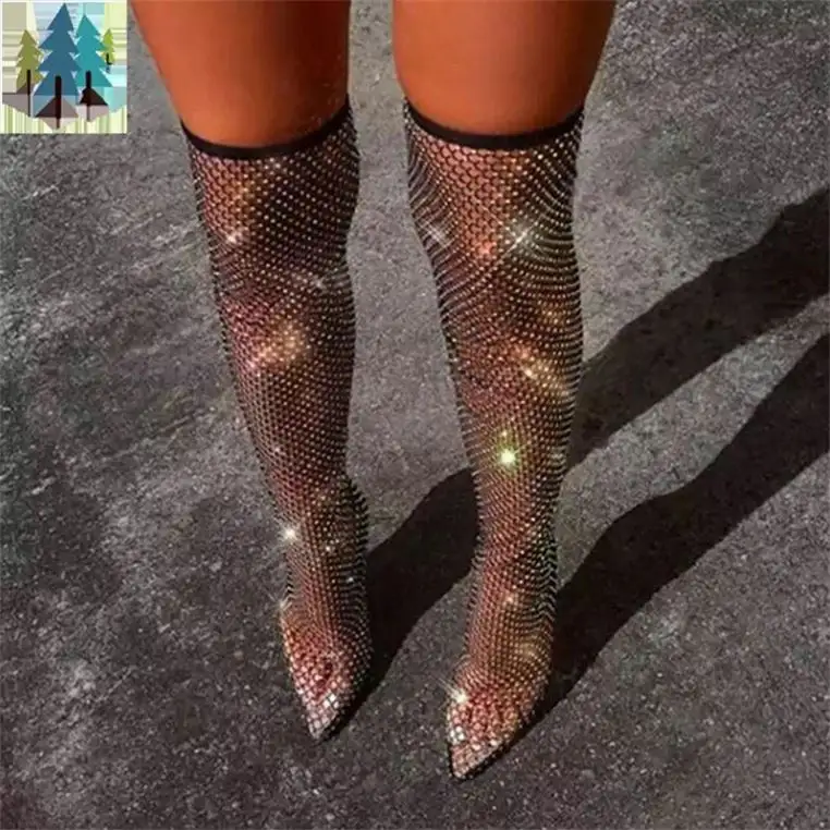 Drop Shipping New Mesh Net Kristall Frauen High Heels Sexy Party Stiefel Schuhe Full Strass Fisch netz Hollow Cuts Socken Stiefel