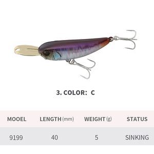 Leurre de pêche Huiping Hard Baits Sinking Pencil, leurre flottant, petit wobbler métallique, jerkbait, minnow 40mm 5g pour la pêche au bar et <span class=keywords><strong>à</strong></span> la <span class=keywords><strong>truite</strong></span> - Product Image 3