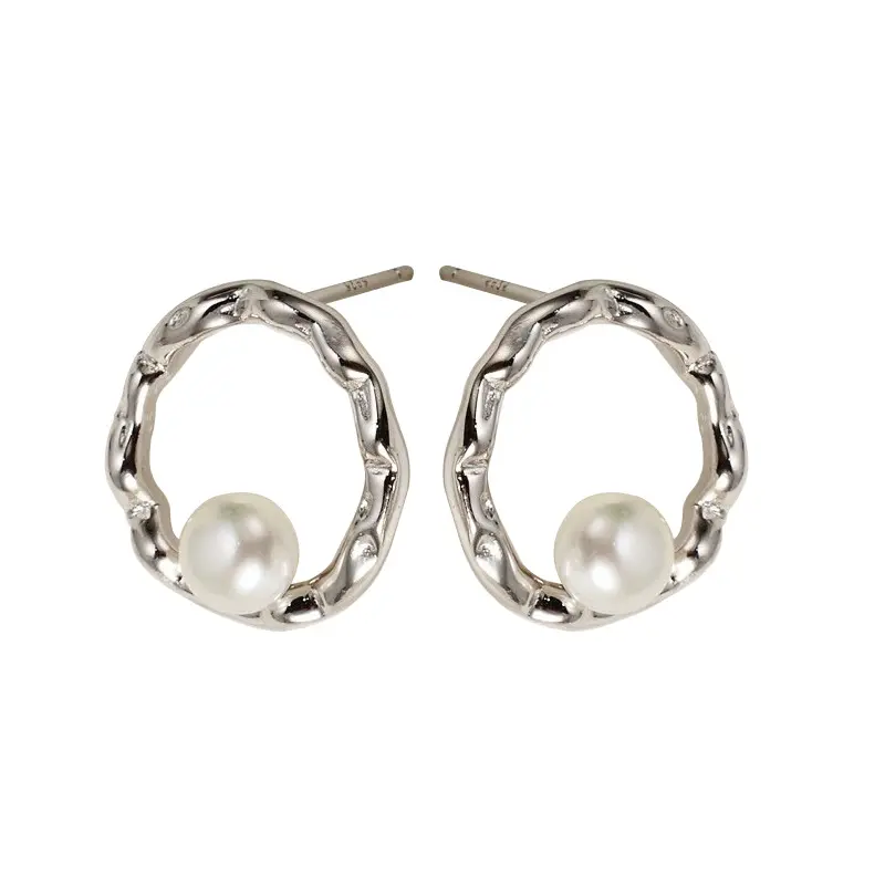 Hollow surface 18k gold earring 6mm pearl hoop wholesale pearl earrings 925