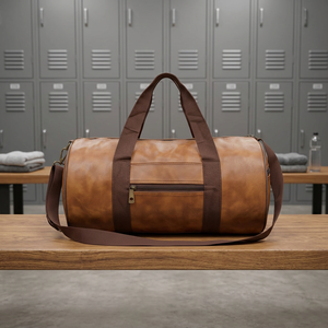 Bolsa de Lona Vintage de Cuero Genuino en Forma de Barril con Cierre de Cremallera, Asa Única, Unisex, para Gimnasio, con Correa para Hombro y Logotipo - Product Image 1
