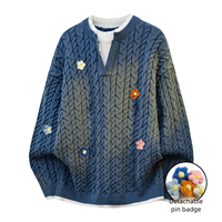 Pull Homme Faux Deux Pièces Confortable Style Rétro Décontracté Printemps-Automne avec Broche Fleur Amovible et Couleurs Contrastées