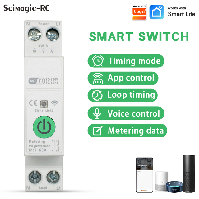 63A Smart Wifi Circuit Breaker Remote Control Small Household Metering Air Switch Plastic Voice Control MCB Works with Tuya