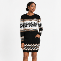 Robe Courte Femme Chic et Tendance en Maille Mélange Viscose à Col Rond et Manches Longues, Motif Flocon de Neige Fair Isle, Personnalisable avec LOGO, Noire, Automne Hiver