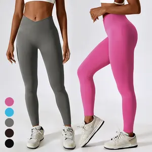 Mallas elásticas de realce personalizadas, pantalones de yoga de cintura alta, mallas de yoga sin costuras con cintura cruzada en V para fitness