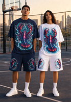 Ensemble T-shirt et short en tricot personnalisé unisexe en mélange de coton respirant avec imprimé numérique graphique de homard électrique, style streetwear, avec short à cordon de serrage