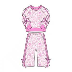 Ensembles de vêtements en laine peignée 2 pièces pour petites filles, personnalisés, décontractés, à imprimé floral rose, avec chemise à nœuds et pantalon, vente en gros, ensembles pour sœurs - Product Image 6