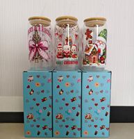 Gobelet en verre motif Noël avec couvercle en bambou et paille, en verre borosilicate transparent, pour soda, café glacé et jus