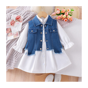 Vestido de Encaje Blanco de Manga Larga con Burbujas, Estilo Casual para Niñas, Primavera-Otoño, con Chaleco Vaquero Irregular, 2 Piezas, Ropa Infantil Nueva - Product Image 1