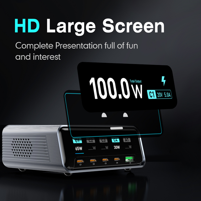 265W GAN Charging Station 5-in-1 USB-C Power Fast Charging PD 100W Intelligent Digital Display for IPhone/Laptop/Mobile Phone
