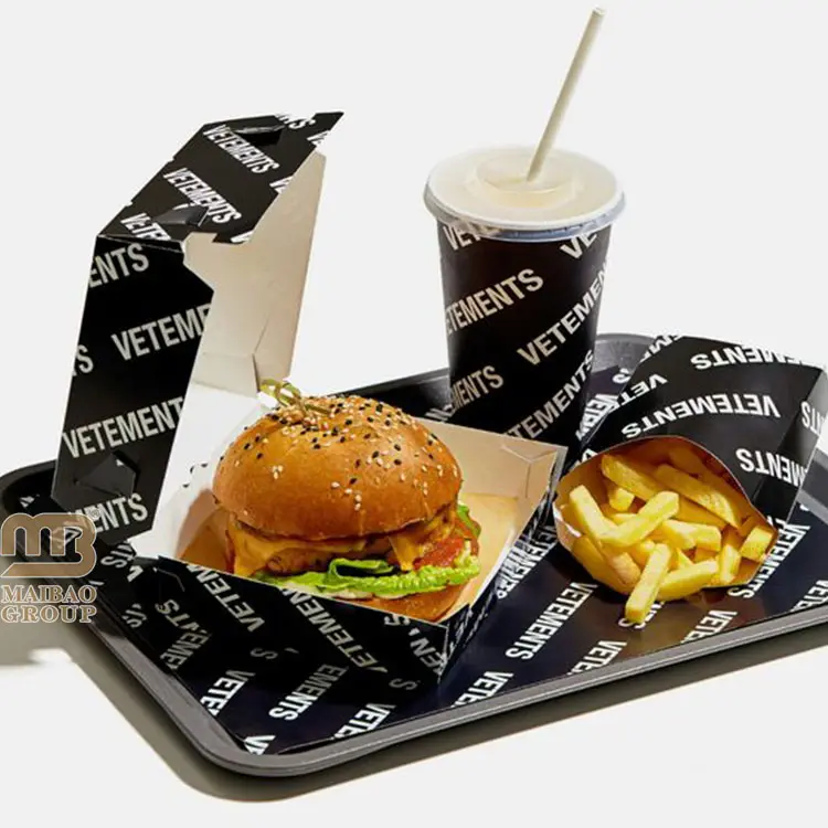 निर्माता कस्टम मुद्रित फ्राइज़ हैमबर्गर बॉक्स टेक अवे बर्गर सैंडविच फूड बॉक्स डिस्पोजेबल टेकअवे फूड पैकेजिंग लंच बॉक्स