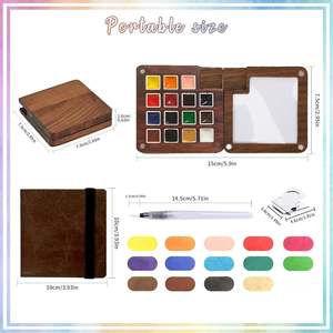 Mini ensemble de voyage <span class=keywords><strong>aquarelle</strong></span> avec <span class=keywords><strong>palette</strong></span> de pinceaux de boîte de peinture en bois Kit non toxique de 15 couleurs pour les artistes débutants - Product Image 2