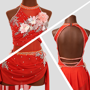 Costume de danse lyrique floral rouge, robe de scène asymétrique, justaucorps de gymnastique rythmique personnalisé avec strass pour filles - Product Image 2