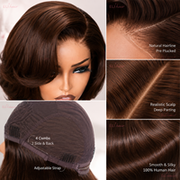 Perruque Bob 4x4 en cheveux humains, pré-coupée, sans colle, avec fermeture en dentelle, 8-10 pouces, cheveux courts, raie en C, noire naturelle, avec ligne de cheveux pré-épilée