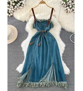 Summer Retro Design With A Slim Mid-Length Split Tassel A-Line Denim Halter Dress