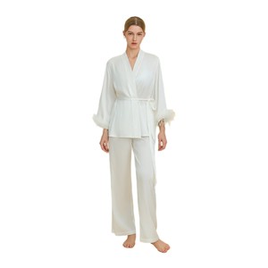 Peach Pink Satin Long Sleeve Pajama Set With <b>Feather</b> <b>Cuffs</b> For Women Loungewear Sleepwear Home Wear - Product Image 5