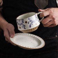 Tasse à café/latte/fleur/avoine en céramique de style japonais avec poignée, résistante aux hautes températures, compatible micro-ondes, avec soucoupe