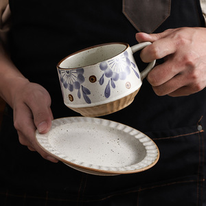 Tasse à café/latte/fleur/avoine en céramique de style japonais rétro avec poignée, résistante aux hautes températures, passe au micro-ondes, avec soucoupe - Product Image 2