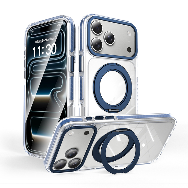 Magnetic Shockproof Transparent Phone Case with 360° Rotating Stand Anti-yellow Clear Mobile Cover for iPhone 17 16 15 Pro Max