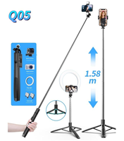 Perche à selfie télescopique pliable longue avec trépied, télécommande rechargeable et fonction lumière pour iPhone/Android, idéale pour le vlogging et le direct