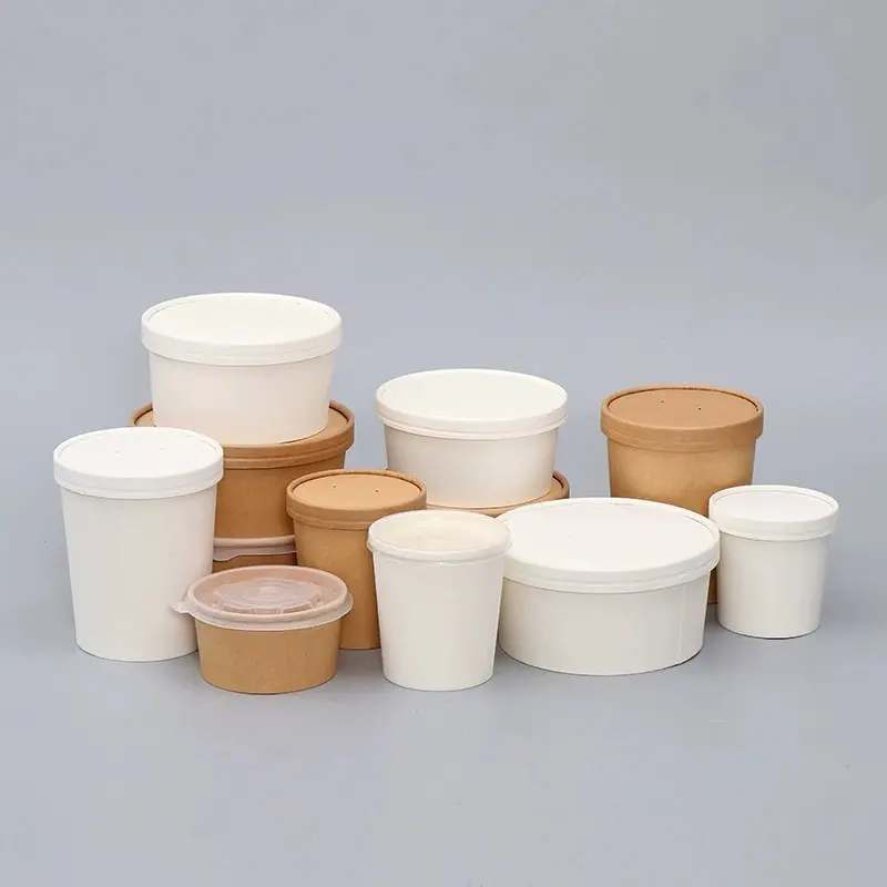 Degradable Takeout White Hot Soup Paper Bowl With Paper Lids