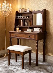 Retro Turned Leg Solid Wood Dressing <b>Table</b> <b>Set</b>, Brown Vanity Desk with Open Storage Rack & Side Mirror + Cushioned <b>Stool</b> for Bed - Product Image 5
