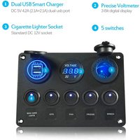 Panneau de commutateur à bascule marin 5 gang, étanche, noir, LED, aluminium, 12V, double prise USB, chargeur, voltmètre, interrupteur marche/arrêt