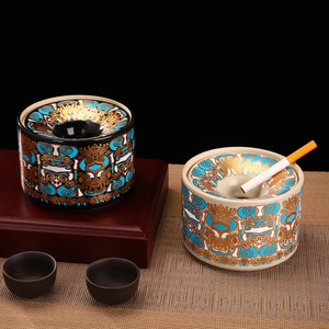 ศิลปะลึกลับสไตล์จีน ถาดเขี่ยบุหรี่เซรามิกทาโถวตี้ความจุขนาดใหญ่กันลมสำหรับตกแต่งสำนักงานพร้อมฝาปิด - Product Image 1