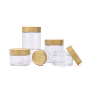 Tarro cosmético de plástico PET transparente con logotipo grabado, para exfoliante de azúcar y crema corporal, con tapa de bambú de rosca, para suero y loción para el cuidado de la piel. - Product Image 4