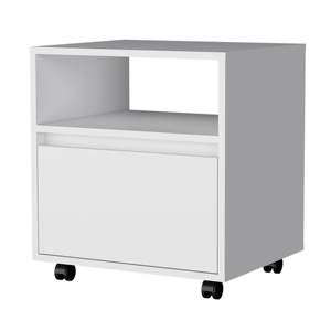 White 1-Drawer Nightstand With <b>Open</b> Shelf And Wheels For Bedroom <b>Storage</b> - Product Image 3