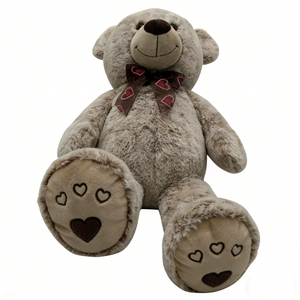 Ours en peluche personnalisé marron shaggy avec nœud en forme de cœur, coussinets de pieds brodés en forme de cœur, animal en peluche - Product Image 1
