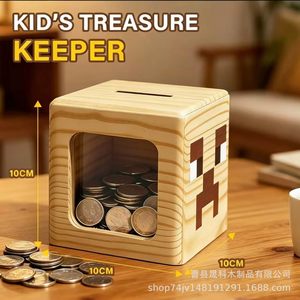 Hucha cuadrada de madera transparente con estante extraíble para guardar monedas, uso doméstico - Product Image 4