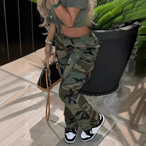 Wholesale <strong>Women</strong> Camouflage Cargo Denim Pants High Rise Side Pocket Straight Leg <strong>Camo</strong> Street Casual Workwear <strong>Trousers</strong> - Product Image 3