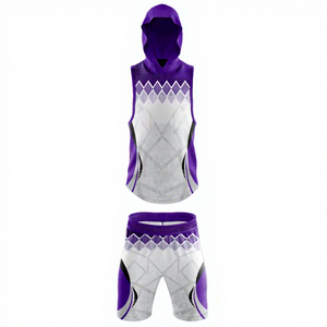 Nouvel ensemble tendance personnalisé de maillot de basket sublimé unisexe avec débardeur à capuche et short imprimé géométrique anti-humidité - Product Image 6