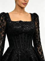 Robe de soirée de luxe de Dubaï, style arabe, à manches longues, col carré, avec corsage corset orné de fleurs 3D, de perles et de paillettes, et traîne, pour soirée musulmane