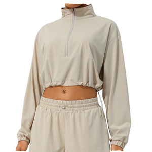<b>Womens</b> Tracksuit Crop Windbreaker Half Zip Pullover <b>Jacket</b> and High Waist Running Shorts Set Custom Athletic Sportswear - Product Image 2