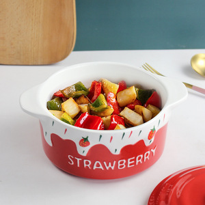 Bol à double anse en relief motif fraise, idéal pour Instagram, avec couvercle, grande taille, mignon, parfait pour la maison, pour soupe ou nouilles. - Product Image 1