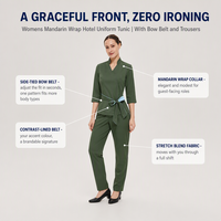 Uniforme élégant pour le personnel d'accueil d'hôtel, haut à manches 3/4 pour femmes, ensemble pantalon et haut à col mandarin, logo personnalisé, uniforme d'hôtellerie