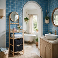 Étagère à serviettes moderne en bambou pour salon, miroir, panier à linge, meuble autoportant multifonctionnel à quatre niveaux pour optimiser l'espace