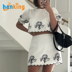 Ehanking-Ensemble jupe et haut à manches courtes à volants pour femmes, col rond, imprimés floraux, ensembles décontractés - Product Image 4