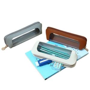 Estuche transparente para lápices de cuero PU con ventana y cremallera para la escuela y la oficina - Product Image 3