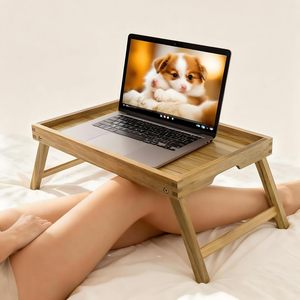 Bandeja de Desayuno de Madera de Acacia con Patas Plegables, Bandeja para Servir con Asa Integrada para Sofá, Cama, TV, Comida, Aperitivos, Portátil, Trabajo - Product Image 5