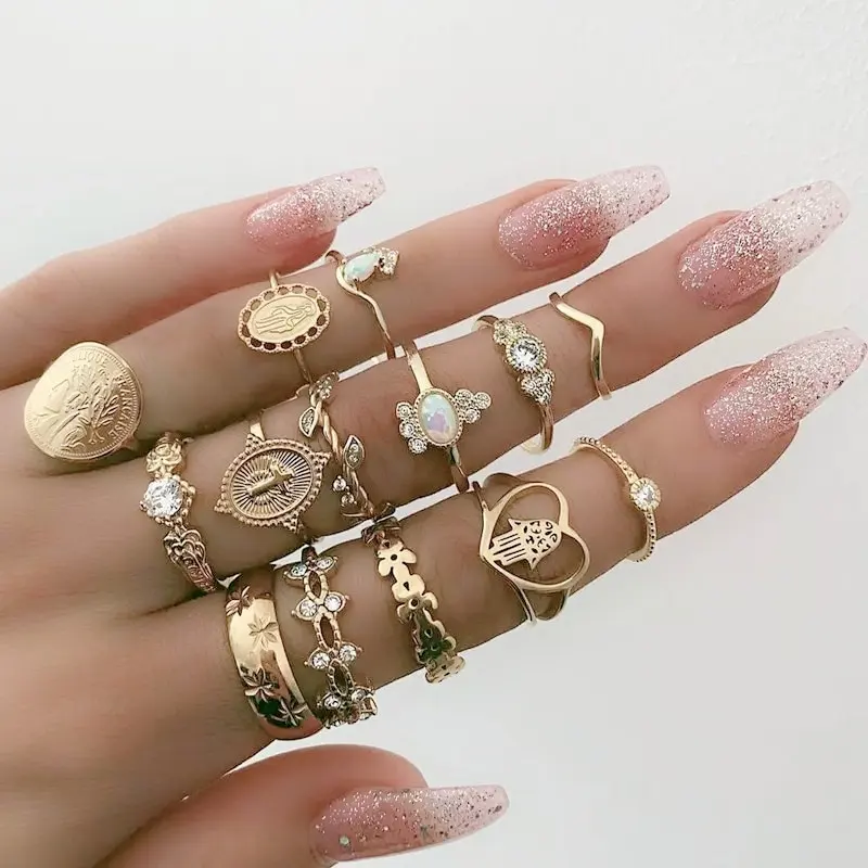 15 buah/set cincin emas Mary Bohemian Vintage kreatif untuk wanita Aksesori Perhiasan cincin hati wanita