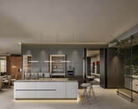 Gabinetes de Cocina Modulares Modernos con Acabado Mate, Cocina Personalizada de Dos Tonos sin Tiradores con Isla Central de Piedra