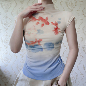 เสื้อยืดคอกลมพิมพ์ลายปลาไล่เฉดสีสไตล์เรโทร แขนสั้น ทรงเข้ารูป สำหรับผู้หญิง สไตล์ Y2K สตรีทแวร์ลำลอง ใส่ได้หลายโอกาส เสื้อยืดฤดูร้อน - Product Image 3