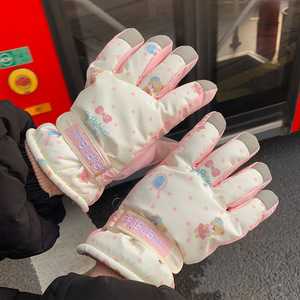 Beige <strong>Cute</strong> Bear Ski <strong>Gloves</strong> for Women Are Popular for Winter Warmth, Fleece and Thickened Outdoor Windproof Cycling - Product Image 3