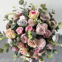 Boule de fleurs artificielle en soie rose de 60 cm, grande rose, arrangement de table, décoration de toile de fond de mariage avec feuilles vertes