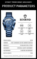 Montre-bracelet pour homme BINBOND 760, sport et affaires, acier inoxydable, étanche, originale Cyber Edge, élégante, résistance à l'eau 3BAR, quartz