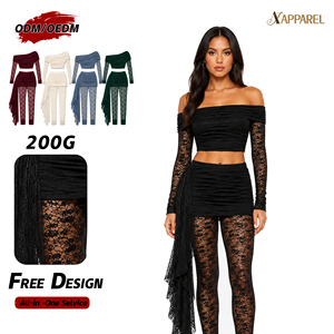 A&J 200G Women Off Shoulder Ruched Crop Top Sheer Floral Lace Flare Pants Skirt Overlay Two Piece Set GRS Custom Made ODM - Product Image 1