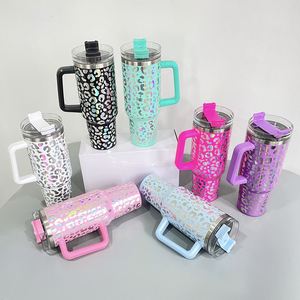 40Oz Vacuum Insulated Leopard Tumbler Mugs With Lid Straws and Handle <b>Vinyl</b> <b>Wrap</b> Decal for Outdoor Camping - Product Image 2